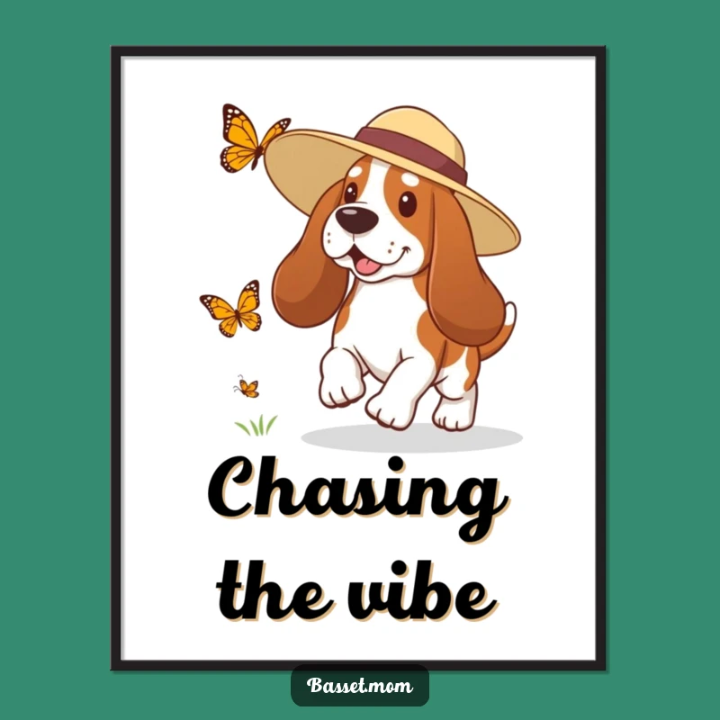 Funny Basset Hound Sun Hat Butterfly Chase Poster - Whimsical Dog Art Gift