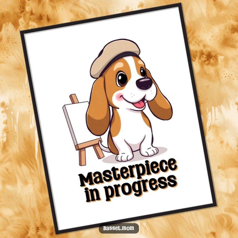 Funny Basset Hound Artist Poster: A Basset hound in a beret painting a cheerful picture, capturing artistic expression, a perfect funny gift.