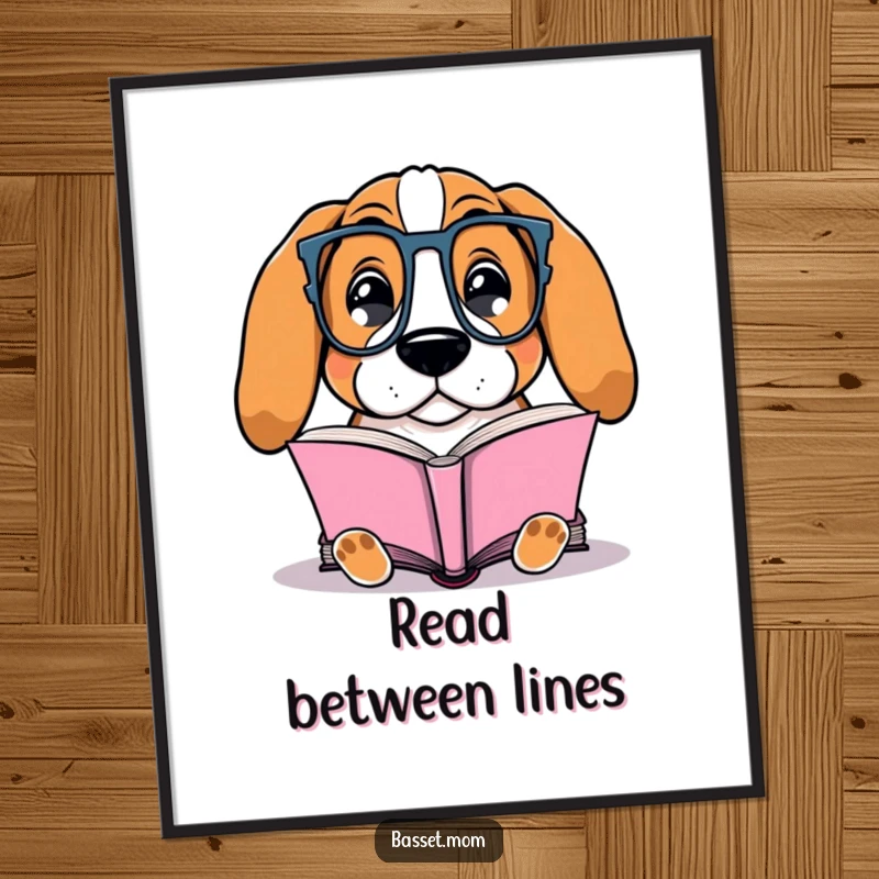 Funny Basset Hound poster showing a dog with glasses contentedly reading a book, embodying studious charm and humor.