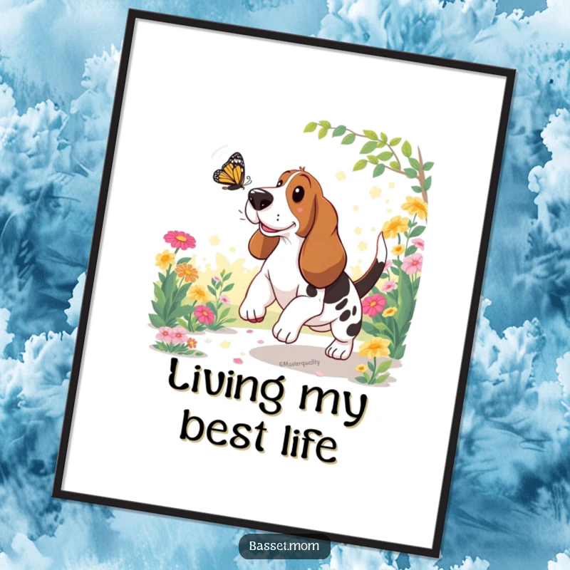 Funny Basset Hound Poster: A dog playfully chases a butterfly in a sunlit garden, creating a humorous scene.