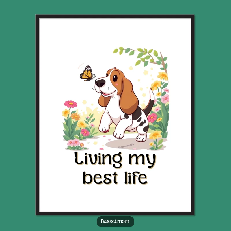 Funny Basset Hound Butterfly Garden Poster: Whimsical Wall Art, Perfect Gift