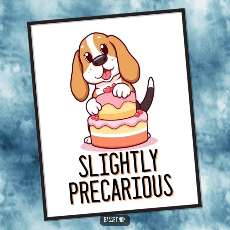 Funny Basset Hound poster, a dog balancing a cake with a wagging tail, creating a humorous and charming wall art piece.