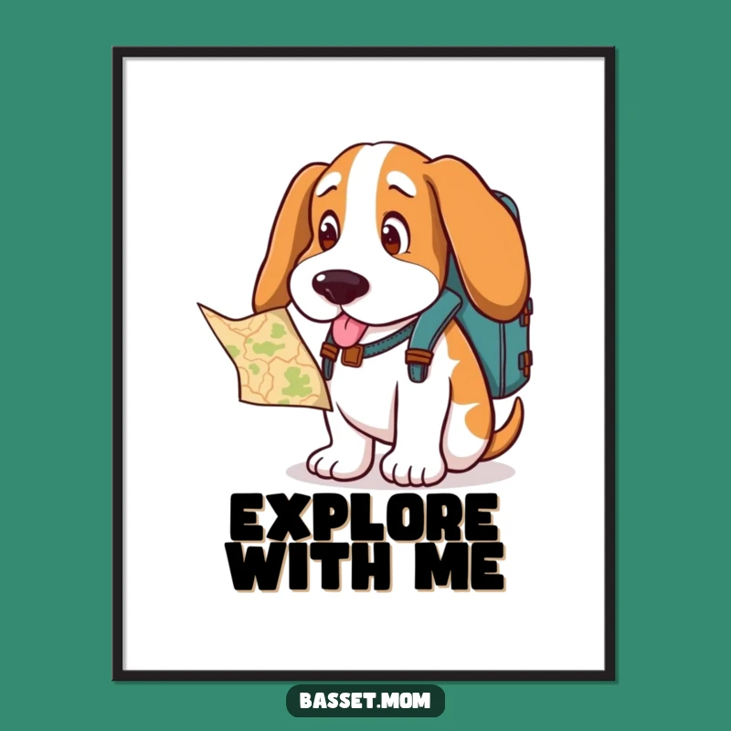 Funny Basset Hound Explorer Poster - Whimsical Dog Art Gift with Backpack & Map