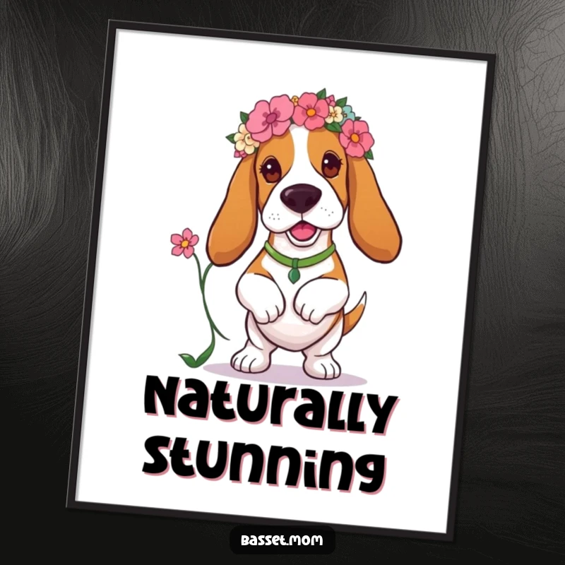 Funny Basset Hound poster showcasing a dog wearing a floral headband and prancing with a flower, a vibrant and humorous wall art.