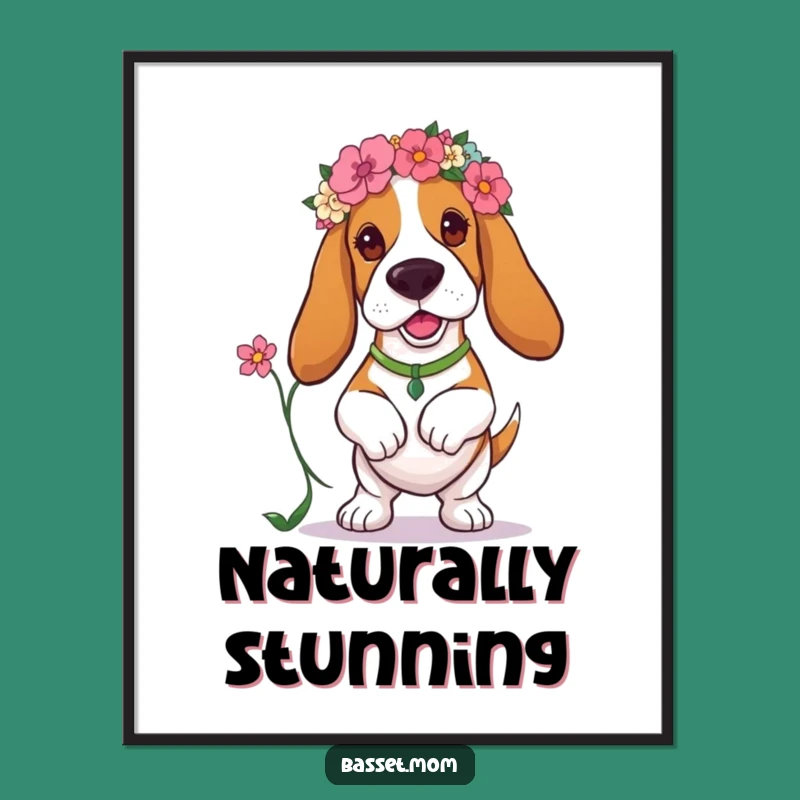 Funny Basset Hound Floral Art Poster - Whimsical Dog Decor Gift