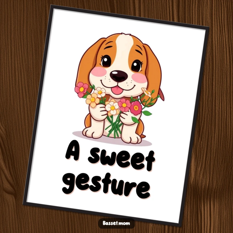 Funny Basset Hound poster, a dog with rosy cheeks offering a bouquet of flowers, symbolizing love and affection, a humorous art piece.