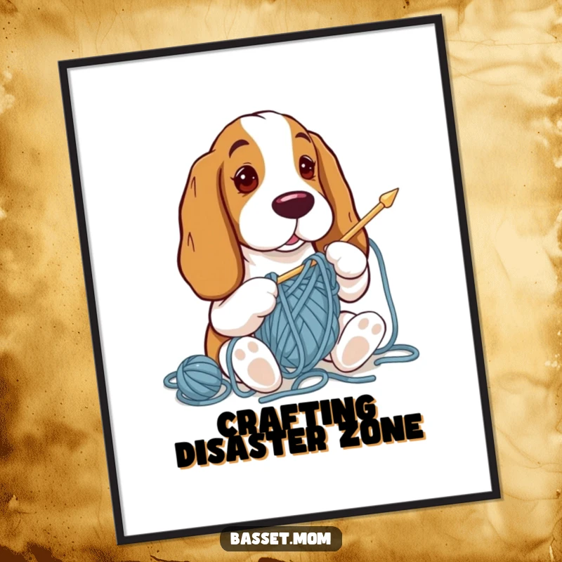 Funny Basset Hound looking bewildered amidst a chaotic tangle of yarn while attempting to knit, displayed as a vibrant poster.
