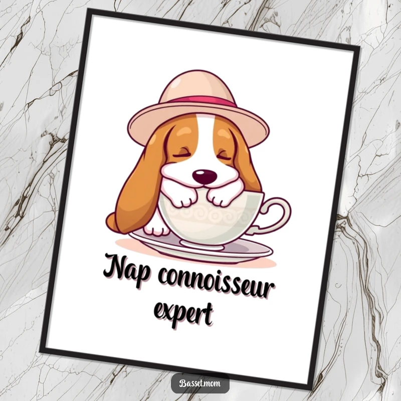 Funny Basset Hound poster featuring a hound in a hat napping beside a teacup, a charming and humorous piece for wall decoration.
