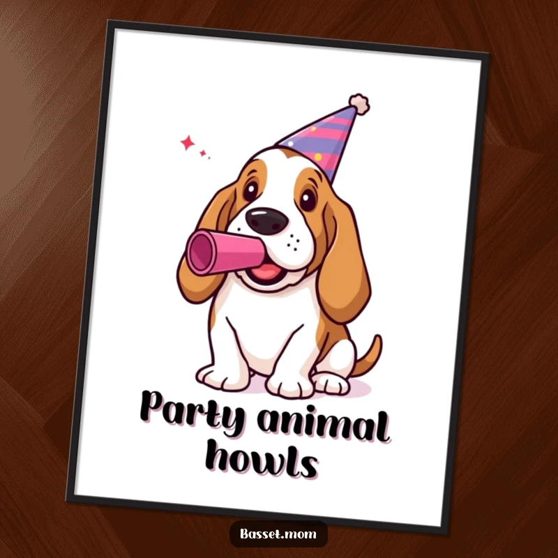 Funny Basset Hound Poster: A dog in a party hat blowing a noisemaker, festive wall art.