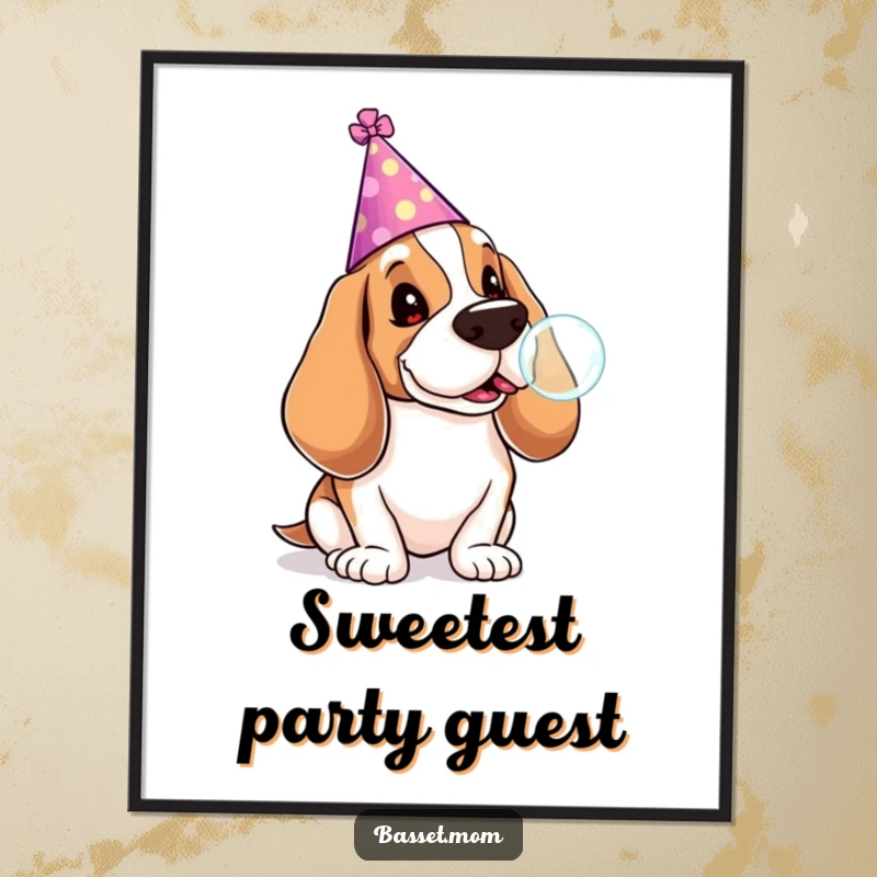 Funny Basset Hound poster of a dog in a party hat blowing a bubble from a lollipop, creating a festive and humorous wall art.