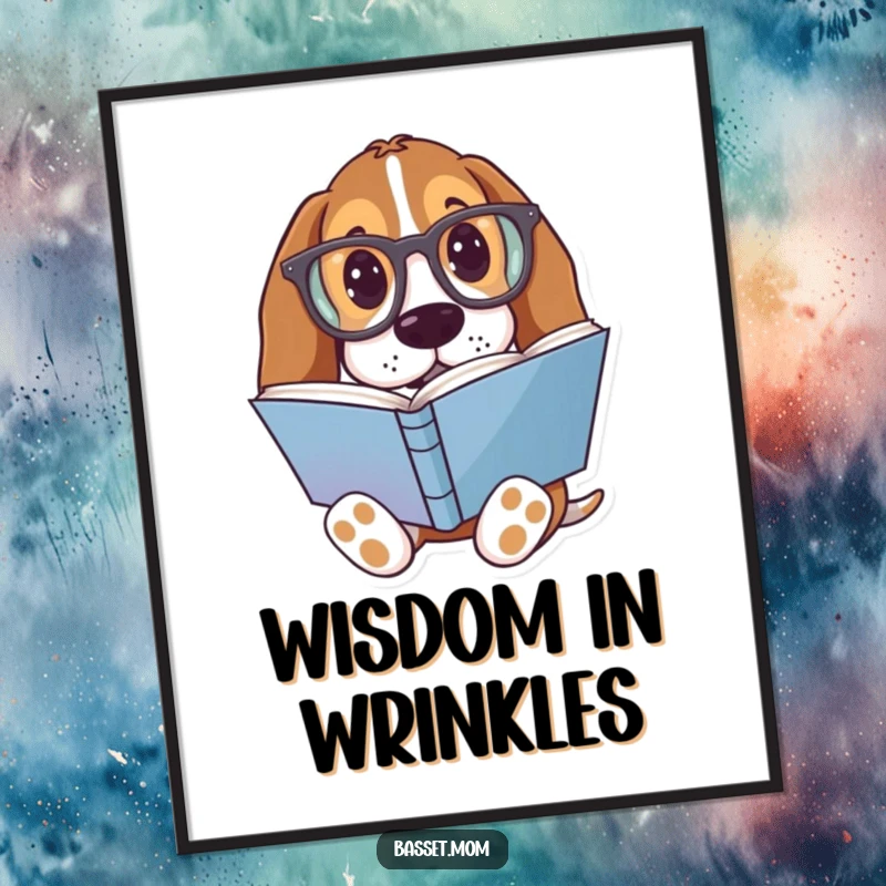 Funny Basset Hound Poster: A dog with oversized glasses reading a colorful book, intellectual decor.