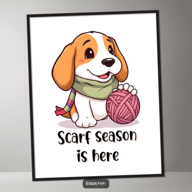 Funny Basset Hound poster, a dog wearing a cozy scarf, joyfully playing with a loose ball of yarn, bringing playful energy.