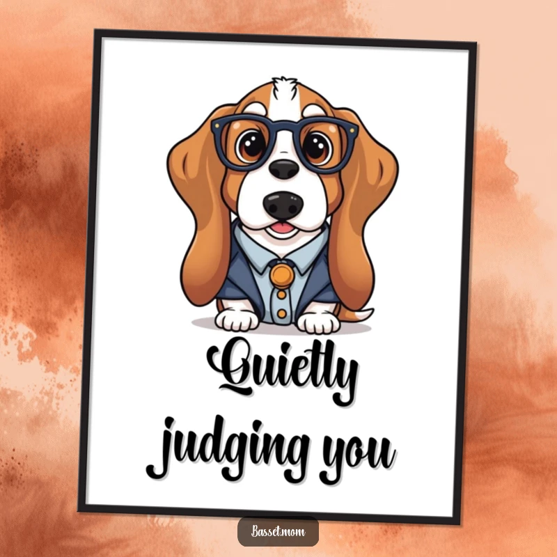 Funny librarian Basset Hound poster of a dog in librarian attire with glasses, perfect for wall art in a study or library, a humorous print.