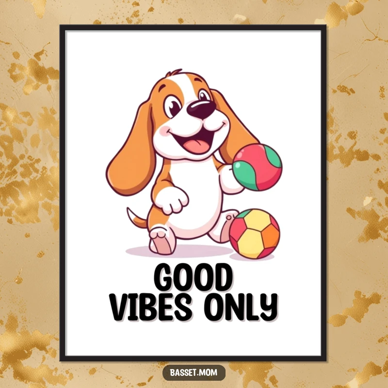Funny Basset Hound poster, cheerful expression, mid-bounce with a colorful ball, radiating vibrant energy and doggy happiness.