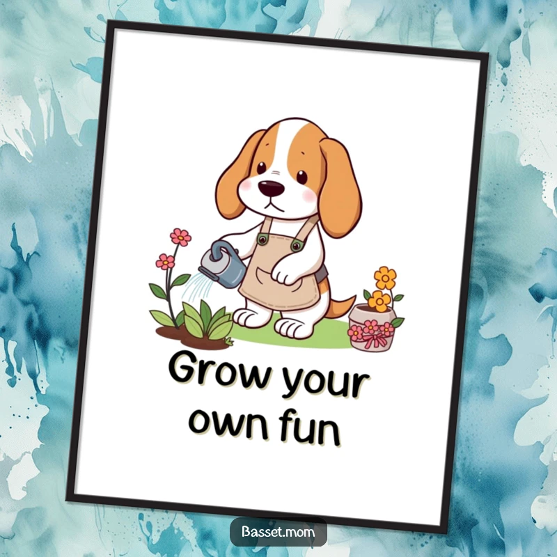 Funny Basset Hound poster of a dog in a gardening apron watering a flower, perfect for adding whimsical garden humor to any room.