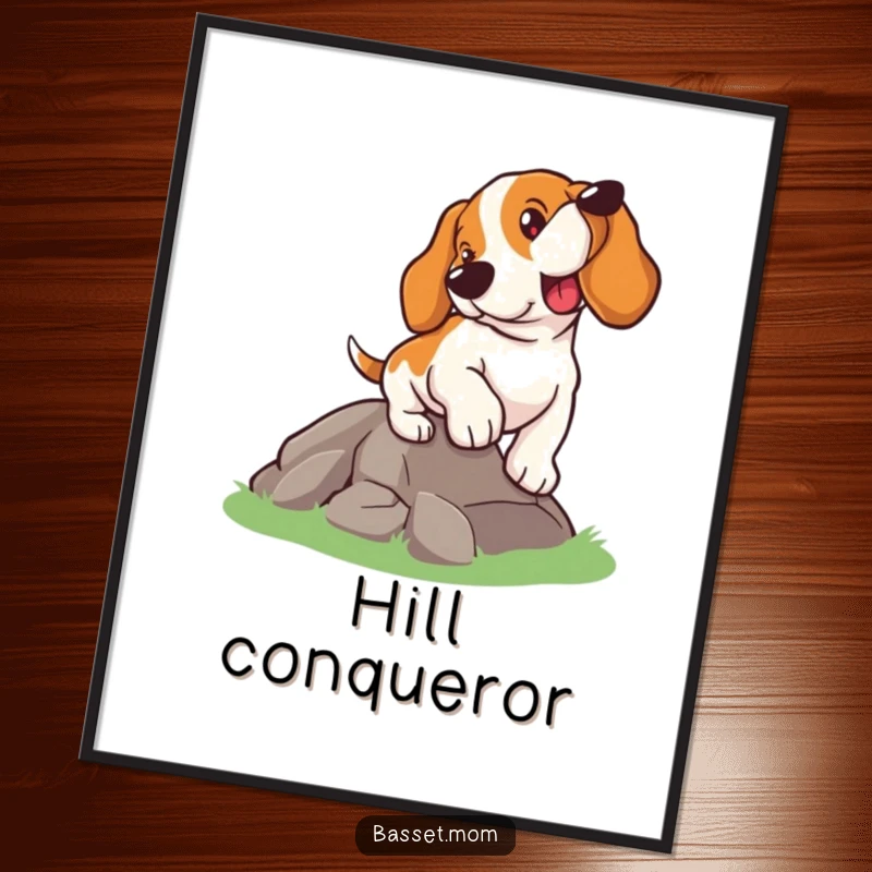 Funny Basset Hound poster, a dog determinedly climbing a hill, representing achievement and perseverance, a humorous art piece.