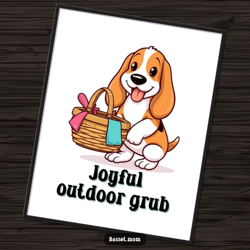 Funny Basset Hound poster, showing a dog with a joyful expression balancing a picnic basket, perfect for cheerful wall art.