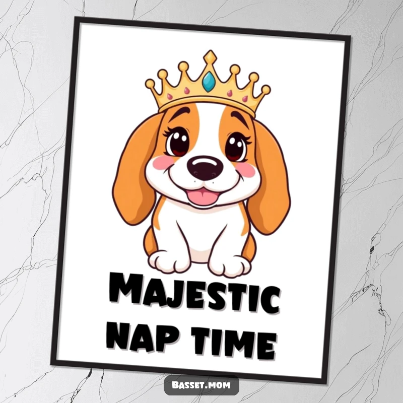 Funny Basset Hound wearing a crown poses regally with a smile, presented as wall art, capturing a moment of majestic canine humor.