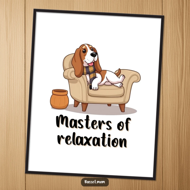 Funny Basset Hound with a scarf lounges on a cozy armchair, radiating peacefulness and humor on this decorative art print.