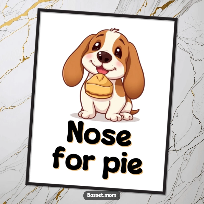 Funny Basset Hound poster art of a dog with its tongue sticking out, intently balancing a tiny pie on its nose, showcasing pure, unadulterated fun.