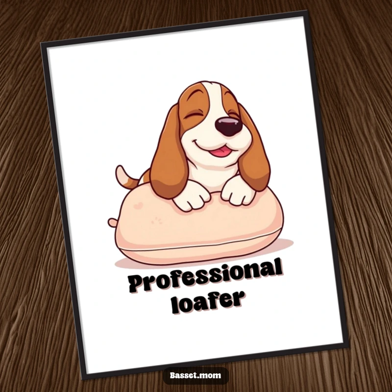 Funny Basset Hound poster of a contented dog sunbathing on a pillow, bringing cheerful and humorous vibes to any room.