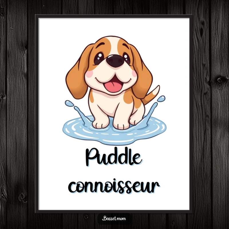 Funny Basset Hound poster showcasing a droopy-eared dog joyfully splashing in a puddle, exuding happiness and playful energy.