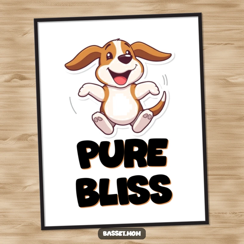 Funny Basset Hound poster, a dog spinning joyfully with ears flapping, capturing pure exuberance, a humorous art piece.