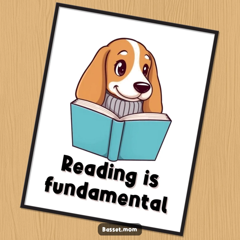 Funny Basset Hound poster, a dog in a warm knitted sweater peeking from behind a large book, conveying a love for reading.