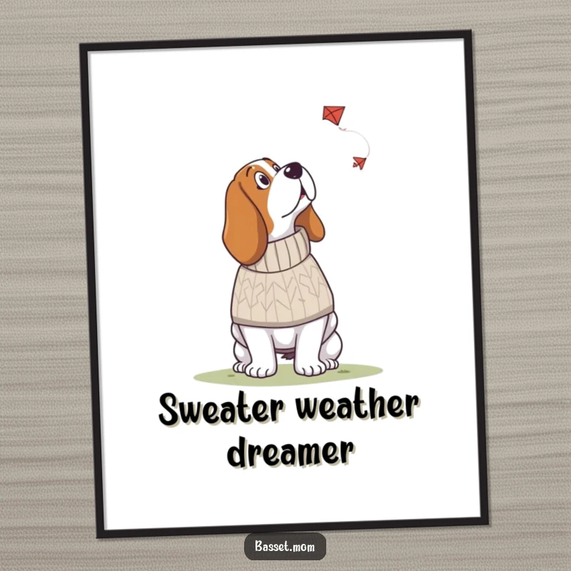 Funny Basset Hound poster of a dog in a knitted sweater looking up at a kite, bringing cozy and humorous vibes to any room.