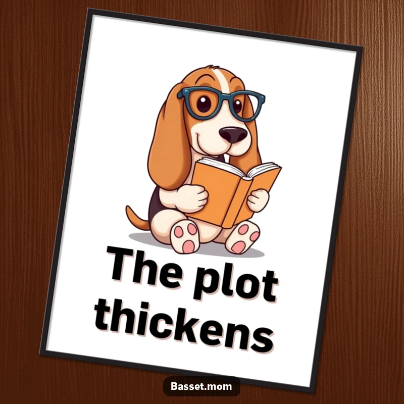 Funny Basset Hound poster, a dog wearing reading glasses intently reading a book, intellectual and charming wall art, a humorous gift.