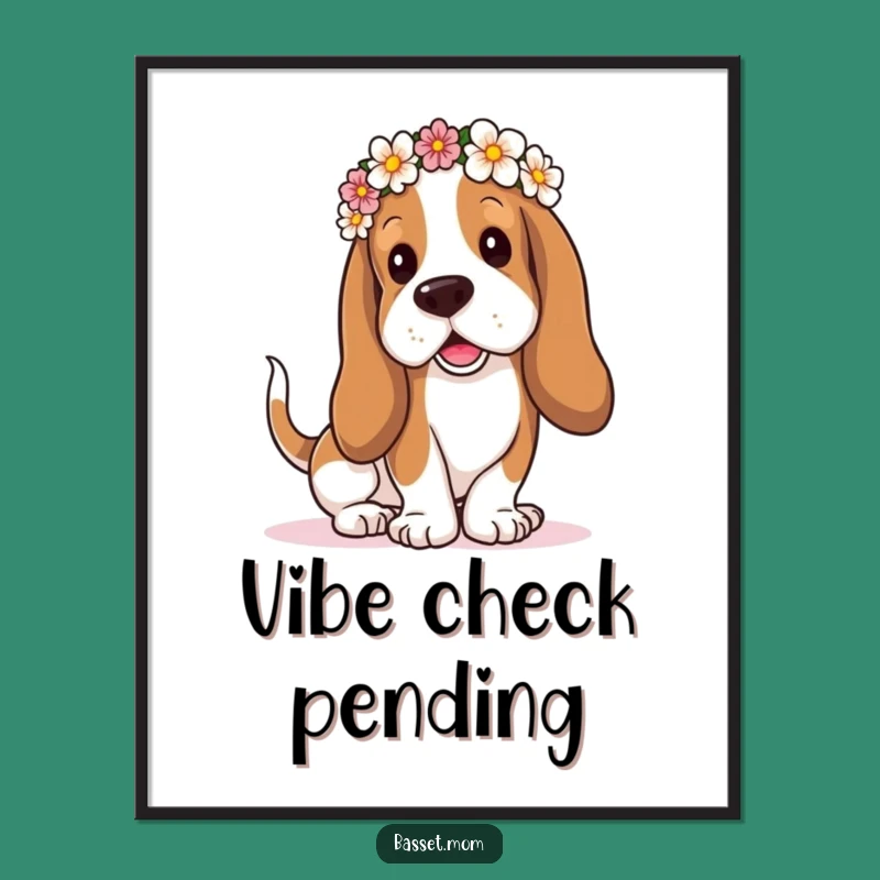 Funny Flower Crown Basset Hound Poster: Droopy Ears Wagging Tail - Whimsical Funny Gift Art