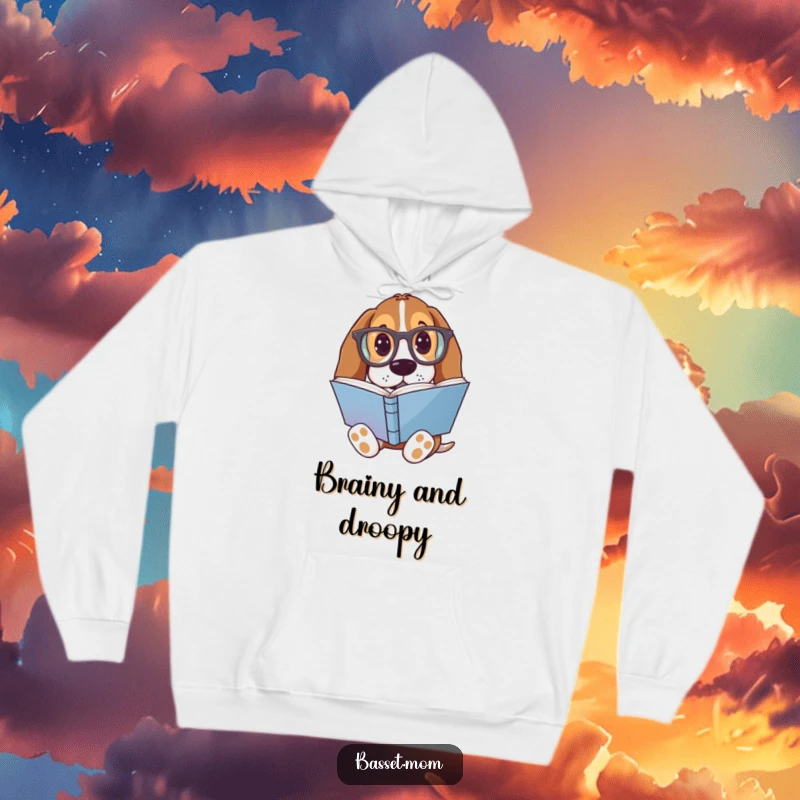 Funny Basset Hound Hoodie: A dog with oversized glasses reading a colorful book, cozy and smart.