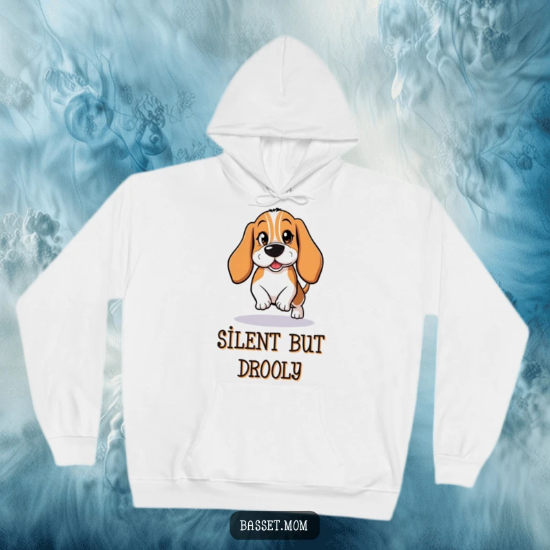Funny Basset Hound Hoodie: A mischievous dog tiptoeing with a wink, perfect for cozy secrets.