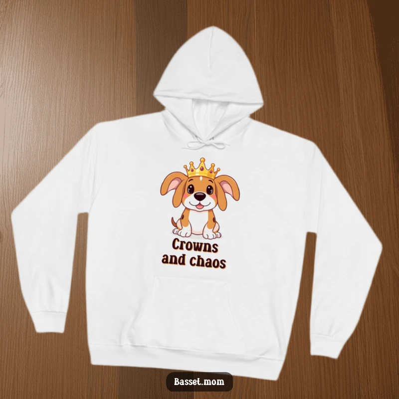 Funny Basset Hound hoodie featuring a dog adorned with a tiny crown, looking stately but with a hint of playful mischief in its eyes.