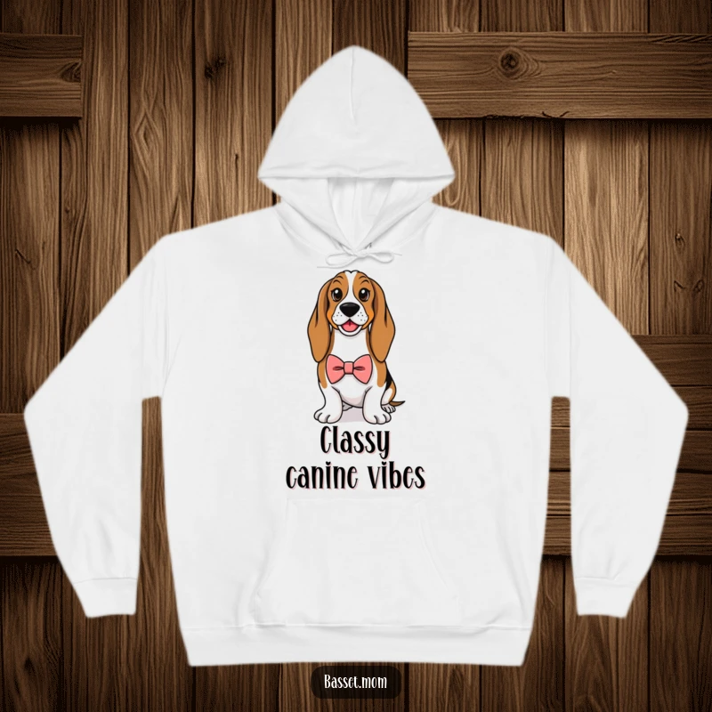 Funny Basset Hound hoodie, showing a dog sporting a tiny bowtie and looking exceptionally proud and distinguished.