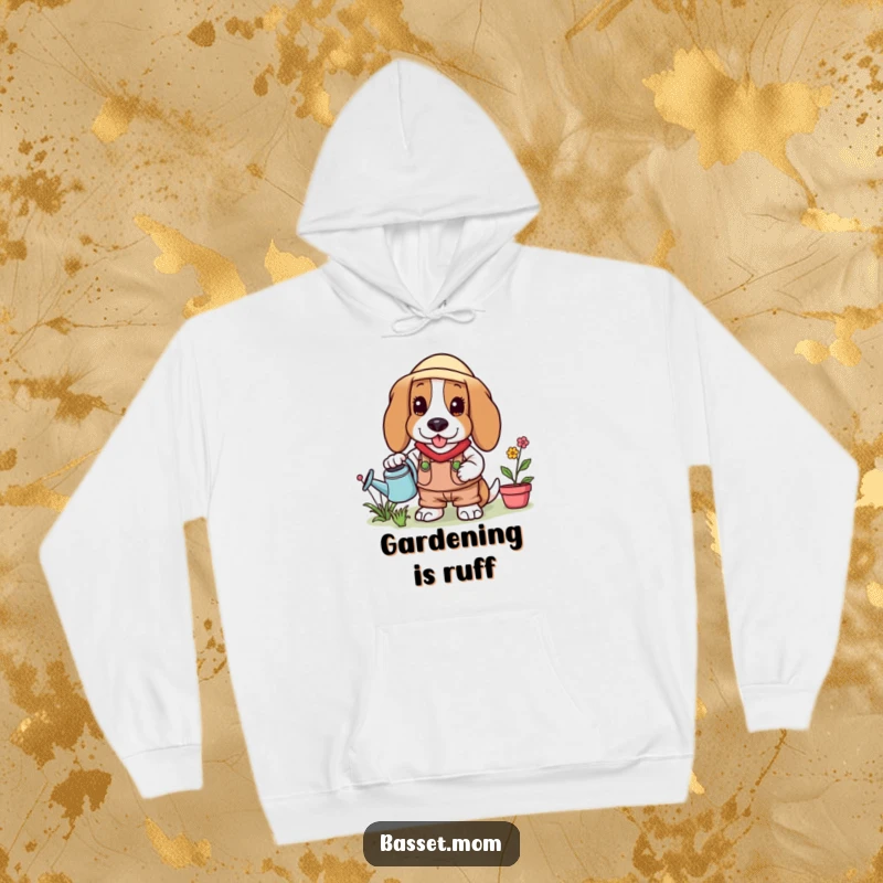 Funny Basset Hound in a cute gardening outfit, holding a watering can, featured on a warm hoodie.