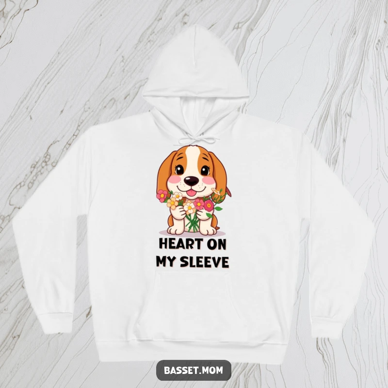 Funny Basset Hound hoodie, a dog with rosy cheeks offering flowers, providing warmth and sweet sentiment, a humorous and cozy gift.