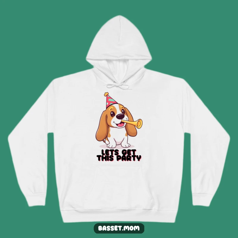 Cozy Funny Basset Hound Celebration Hoodie - Warm Dog Gift with Party Hat & Trumpet