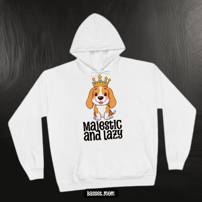 Funny royal Basset Hound hoodie featuring a dog wearing a crown, posing regally with a smile, ideal for cozy nobility.