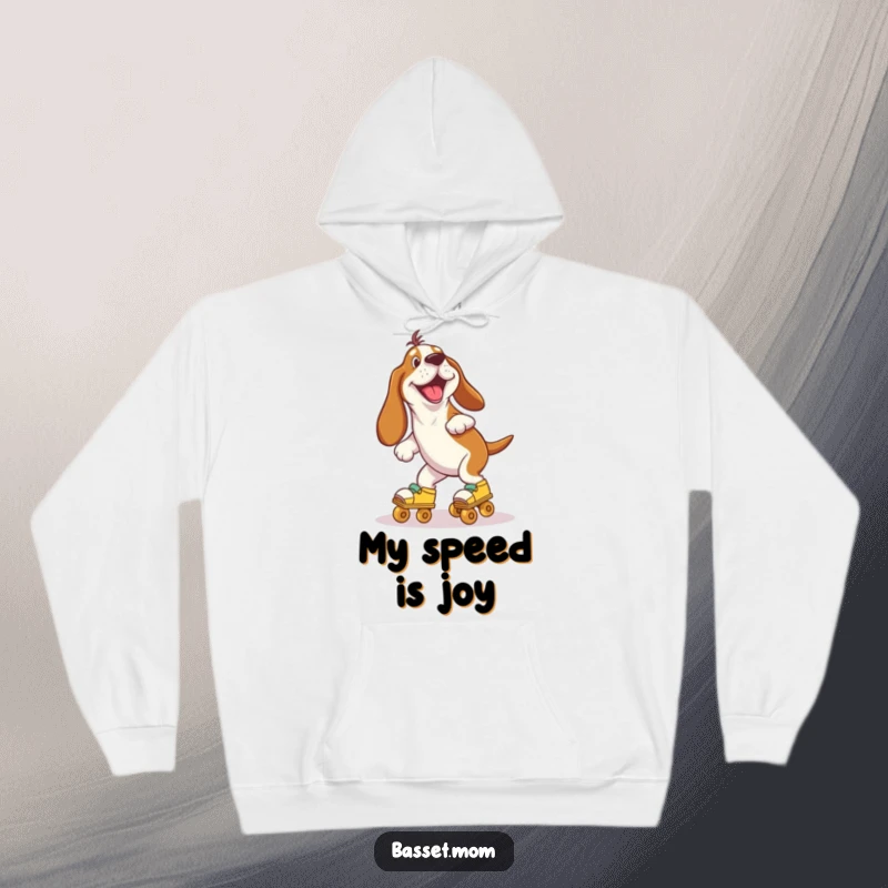 Funny Basset Hound adorably wobbling on roller skates, bringing cozy humor and joyous energy to this warm and comfortable hoodie.