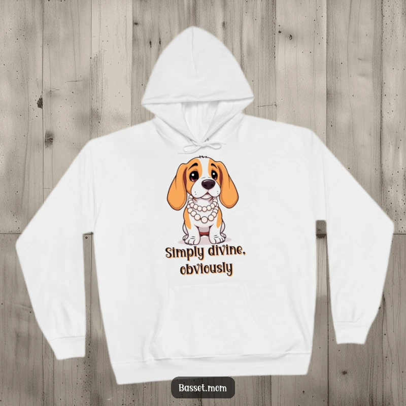 Funny Basset Hound hoodie, a dog in a pearl necklace, posing with dramatic flair and elegance.