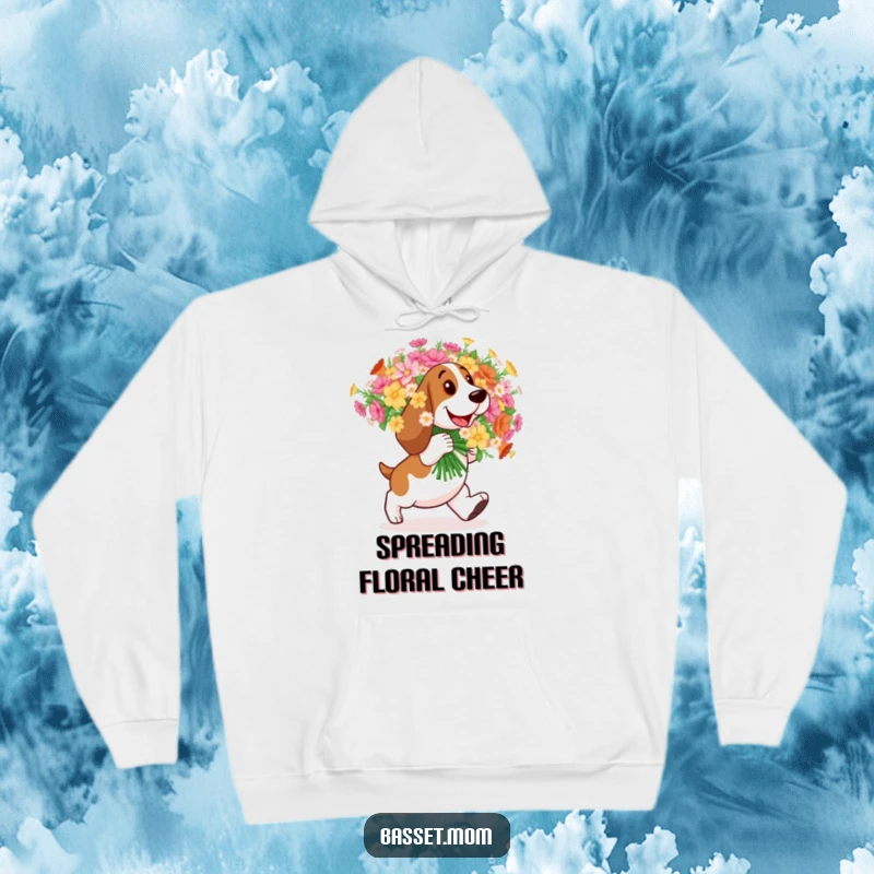 Funny Basset Hound hoodie, a dog happily carrying an enormous bouquet of flowers, exuding joy.
