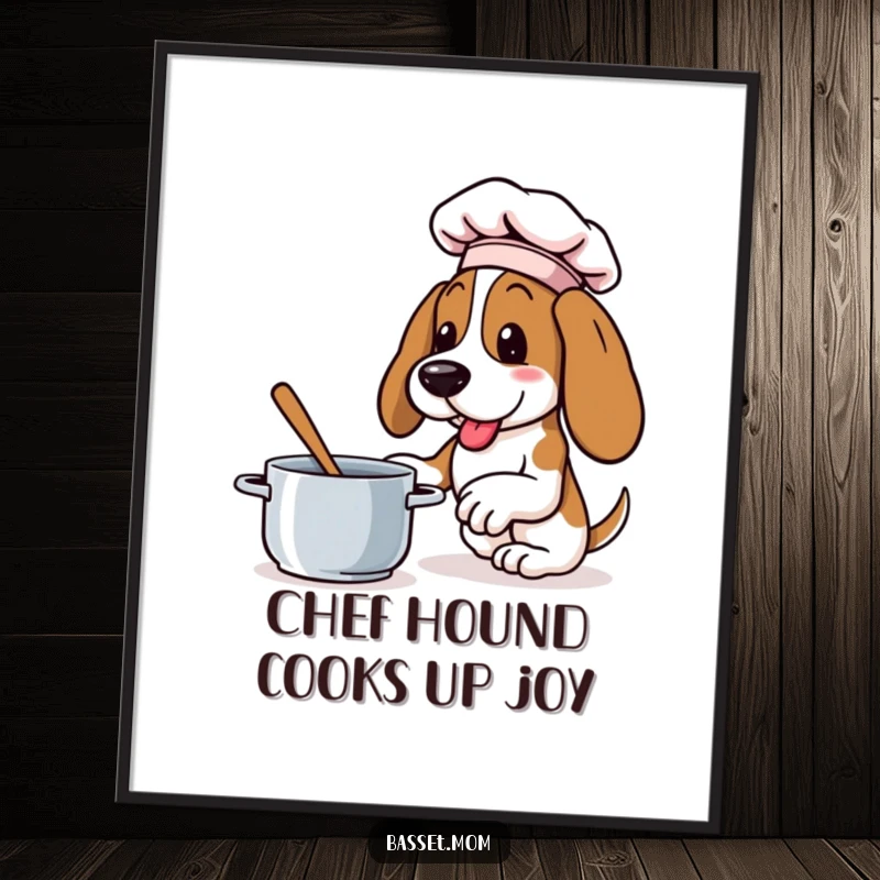 Funny Free Printable Wall Art: A Basset Hound in a tiny chef hat enthusiastically stirs a pot, bringing culinary fun to your walls.