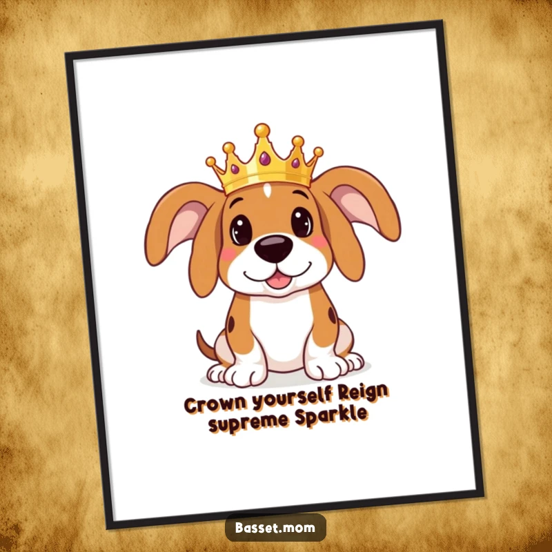 Funny Free Printable Wall Art: A Basset Hound wearing a miniature crown, looking both regal and adorably playful on display.