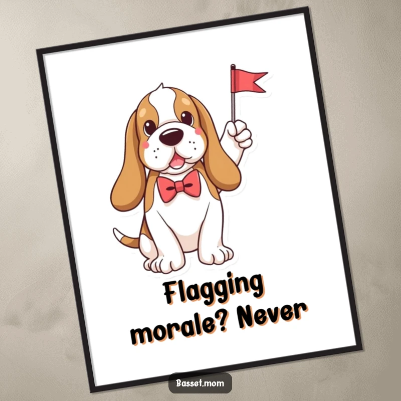 Funny Free Printable Wall Art: A plush Basset Hound in a smart bow tie enthusiastically waves a small, festive flag.