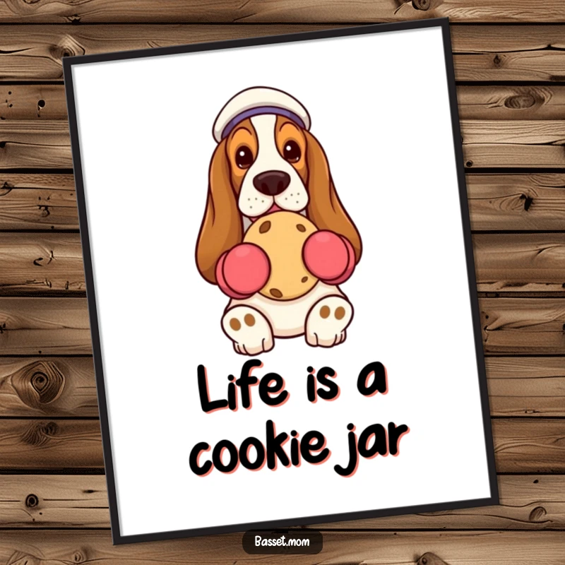 Funny Free Printable Wall Art: Basset Hound in oven mitts holding a cookie, a heartwarming DIY gift.