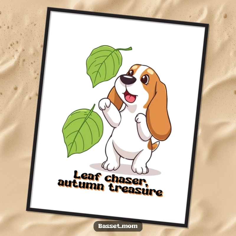 Funny Free Printable Wall Art - A Basset Hound in mid-leap, playfully attempting to catch a giant falling autumn leaf.