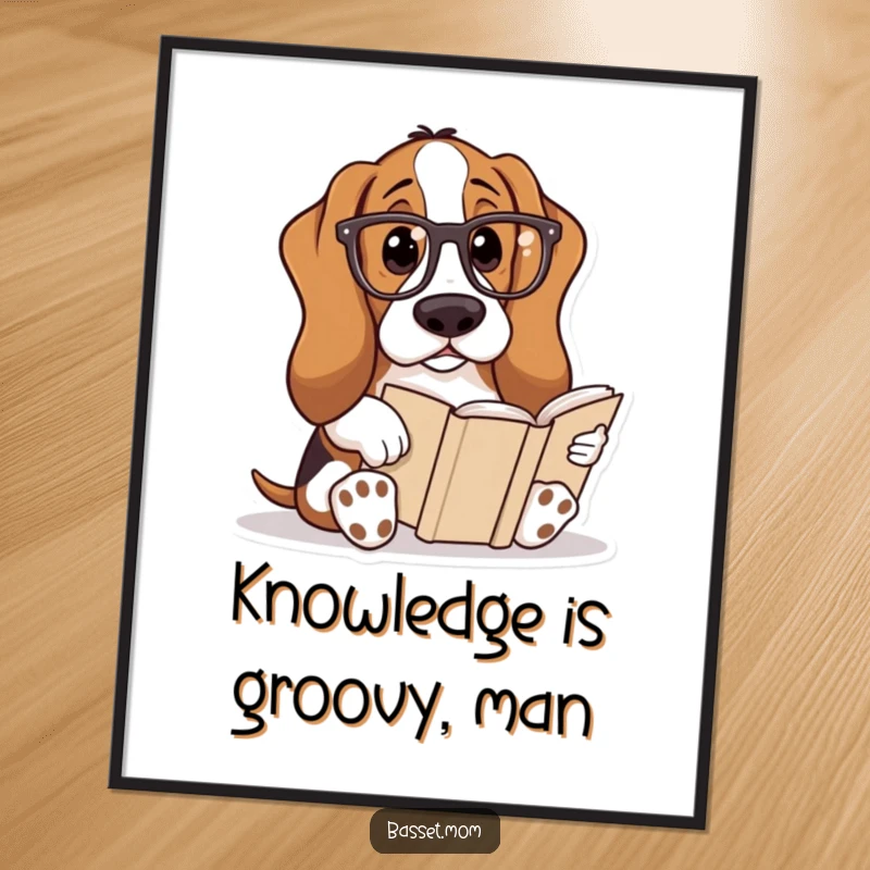 Funny Free Printable Wall Art: Basset Hound in reading glasses engrossed in a book, humorous literary decor.