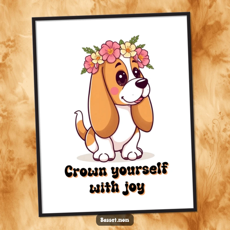 Funny Free Printable Wall Art: Basset Hound with a floral crown wagging its tail, cheerful dog home decor.