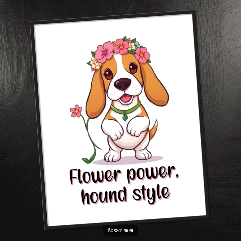 Funny Free Printable Wall Art: A Basset Hound in a floral headband prances with a flower, adding cheerful, downloadable dog decor.